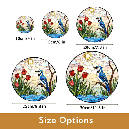 Blue jay red tulips stained glass suncatcher handmade window decor gift for bird lover friend