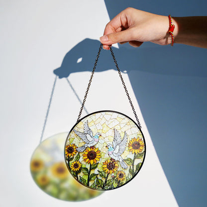 Sunflower Dove Art Round Stained Glass Window Sun Catcher Gift for Nature Lovers