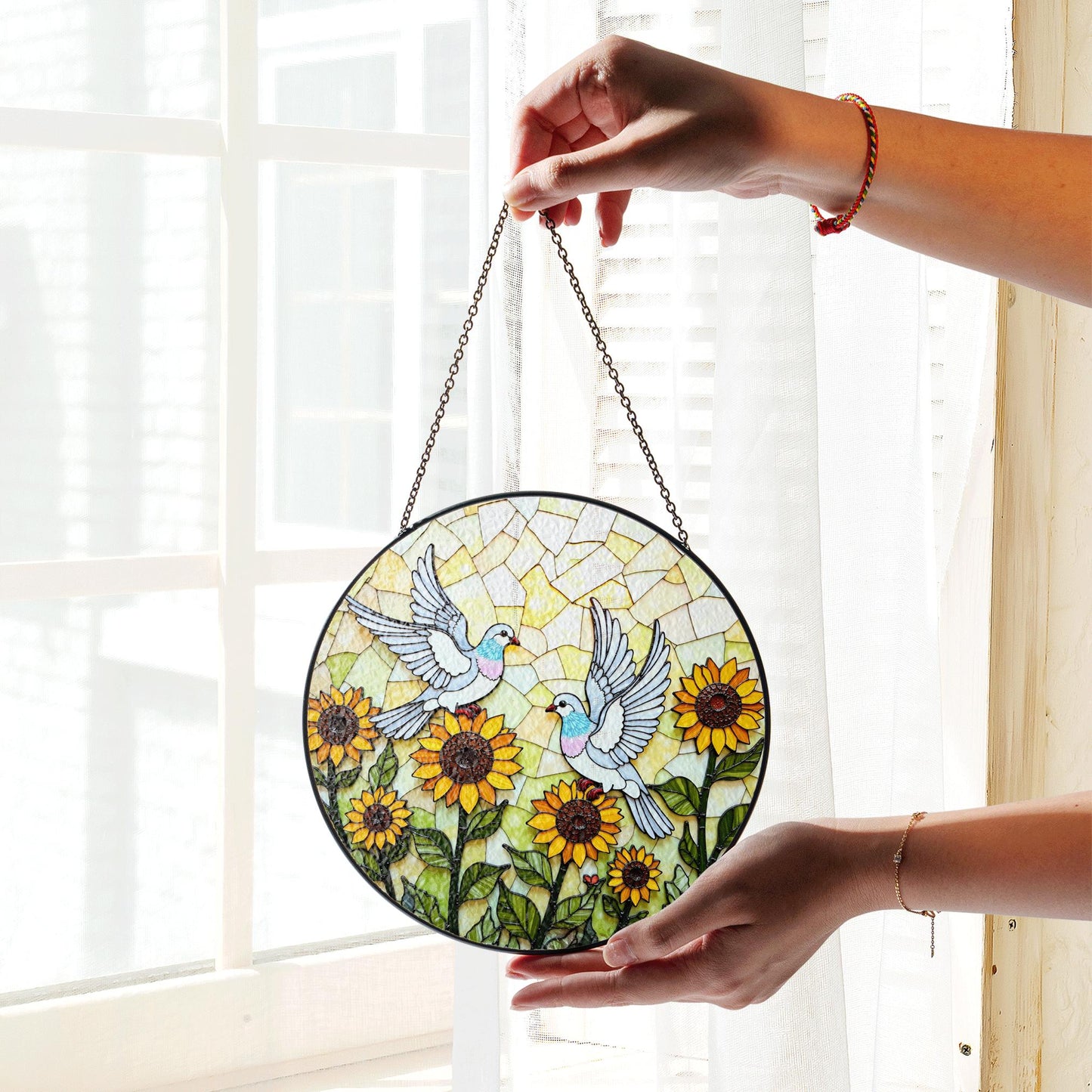 Sunflower Dove Art Round Stained Glass Window Sun Catcher Gift for Nature Lovers