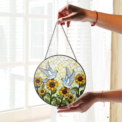 Sunflower Dove Art Round Stained Glass Window Sun Catcher Gift for Nature Lovers