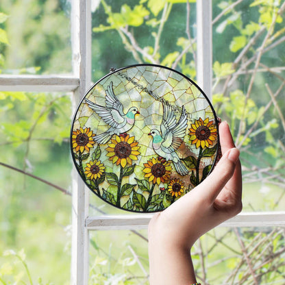 Sunflower Dove Art Round Stained Glass Window Sun Catcher Gift for Nature Lovers