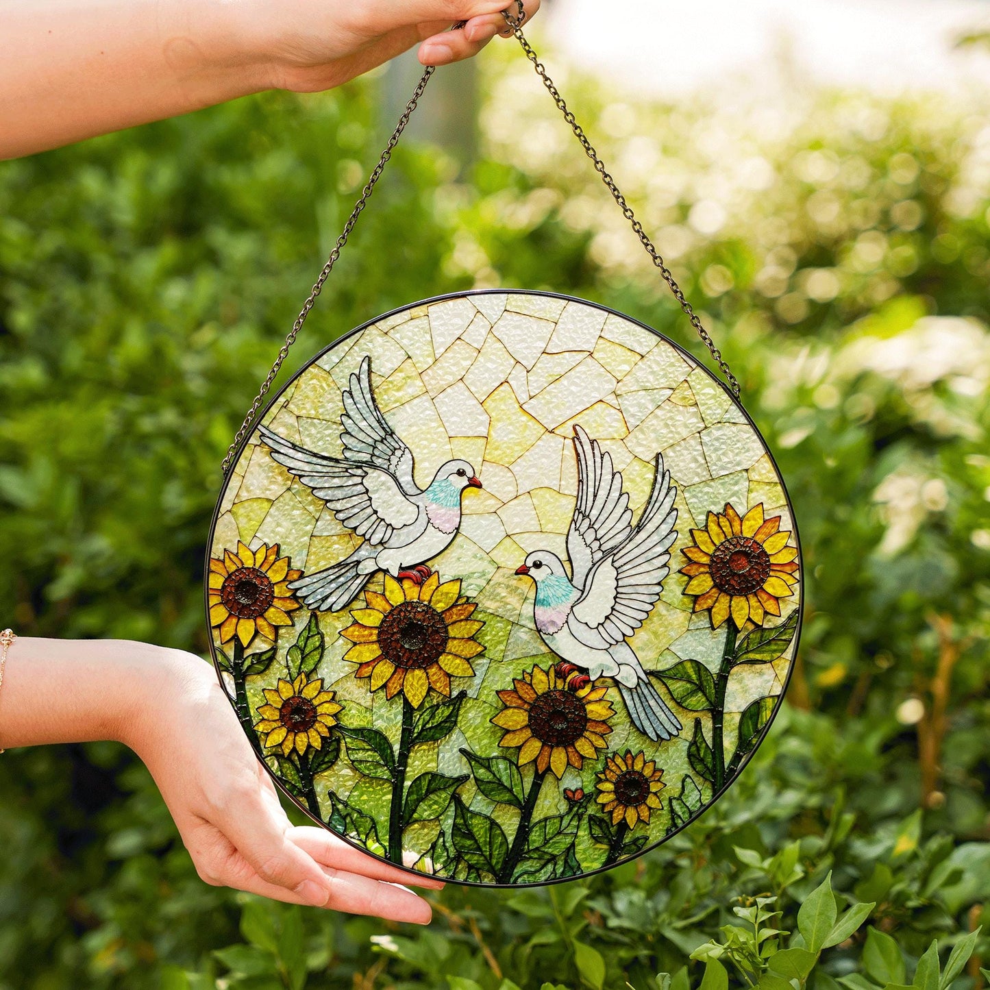 Sunflower Dove Art Round Stained Glass Window Sun Catcher Gift for Nature Lovers