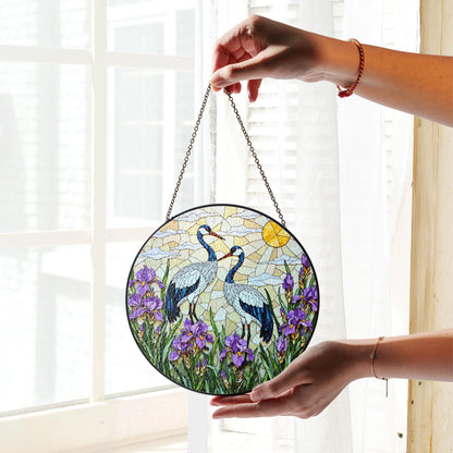 Crane and iris glass art round stained suncatcher window decor perfect gift for mom
