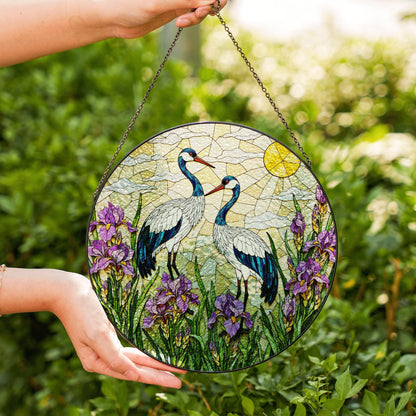 Crane and iris glass art round stained suncatcher window decor perfect gift for mom