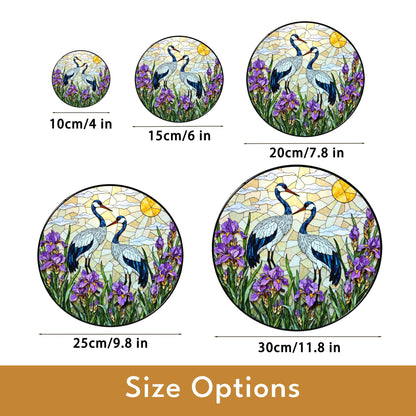 Crane and iris glass art round stained suncatcher window decor perfect gift for mom