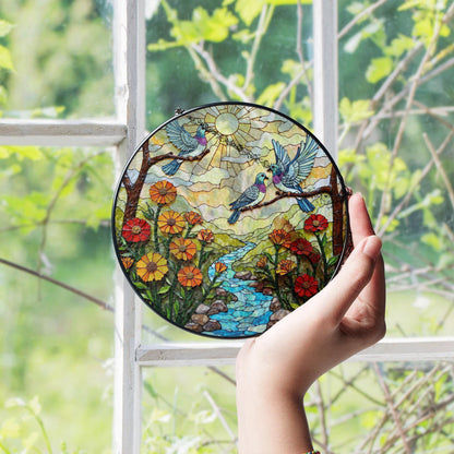 Bluebirds River Flowers Sun Catcher Window Hanging Garden Decor Gift for Bird Lovers