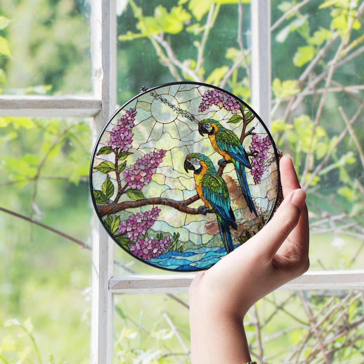 Blue Yellow Parrots Tropical Bird Stained Glass Window Hanging Gift for Bird Lovers