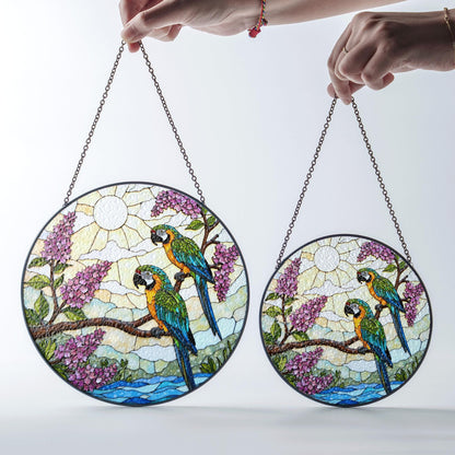 Blue Yellow Parrots Tropical Bird Stained Glass Window Hanging Gift for Bird Lovers