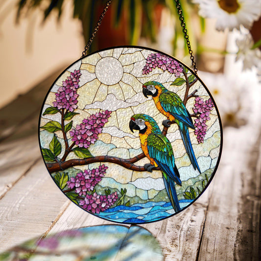 Blue Yellow Parrots Tropical Bird Stained Glass Window Hanging Gift for Bird Lovers