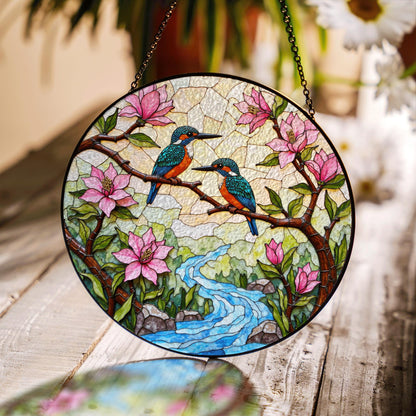 kingfishers on branch stained glass suncatcher bird window decor gift for bird lovers