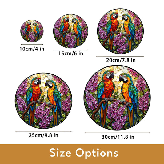 Colorful parrots with hydrangeas round suncatcher gift for bird lovers home decor