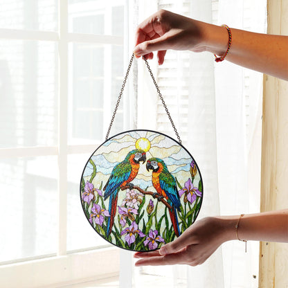 Colorful Parrots Stained Glass Round Window Hanging Macaw Suncatcher Gift for Bird Lover