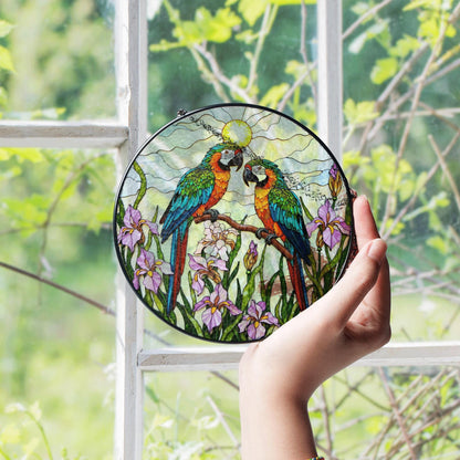 Colorful Parrots Stained Glass Round Window Hanging Macaw Suncatcher Gift for Bird Lover