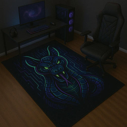 Cyberpunk Mythology Rug Collection – Anubis, Samurai, Bastet, Serpent & Eye Rugs for Gamers