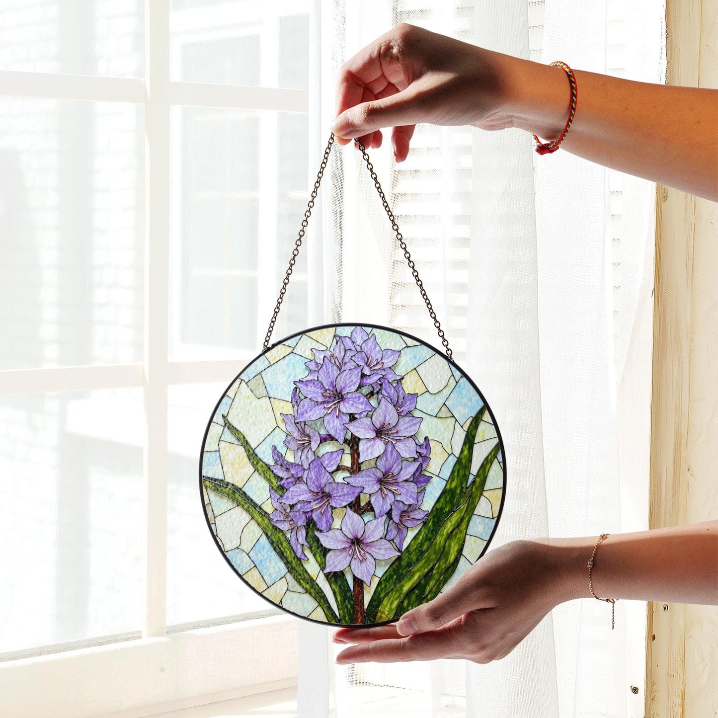 Purple hyacinth floral glass panel spring sunlight suncatcher unique decor gift for mom
