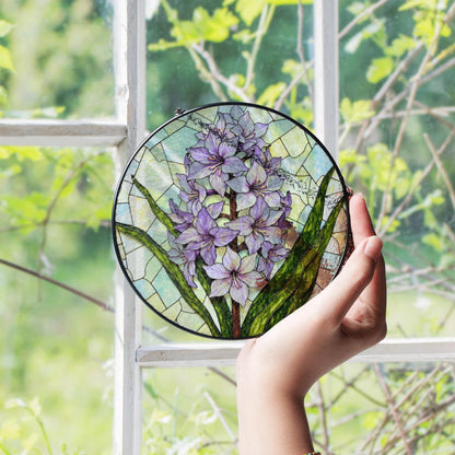 Purple hyacinth floral glass panel spring sunlight suncatcher unique decor gift for mom