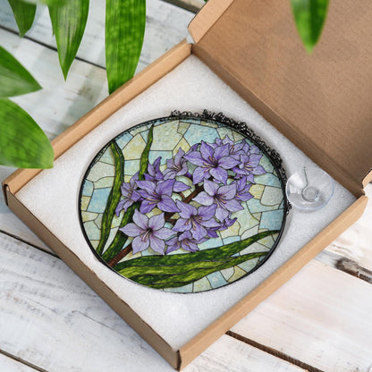 Purple hyacinth floral glass panel spring sunlight suncatcher unique decor gift for mom