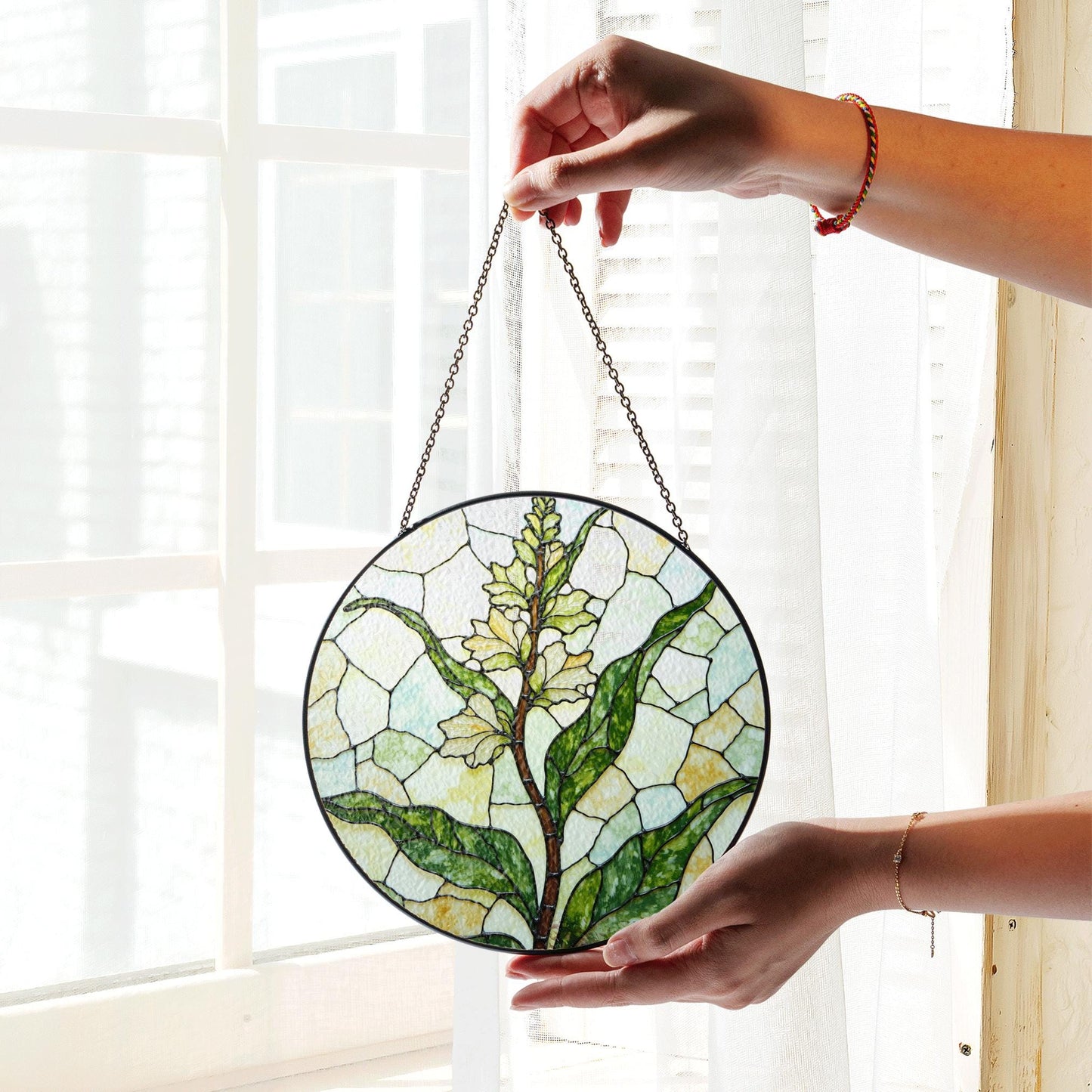 Stained glass lemongrass botanical panel garden suncatcher for plant lover gift