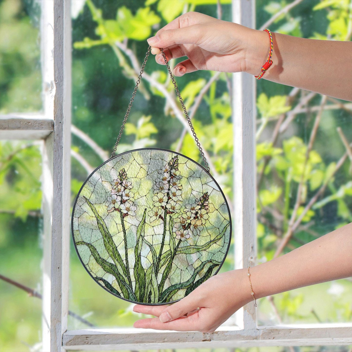Wildflower stained glass garden art suncatcher round floral panel gift for plant lover