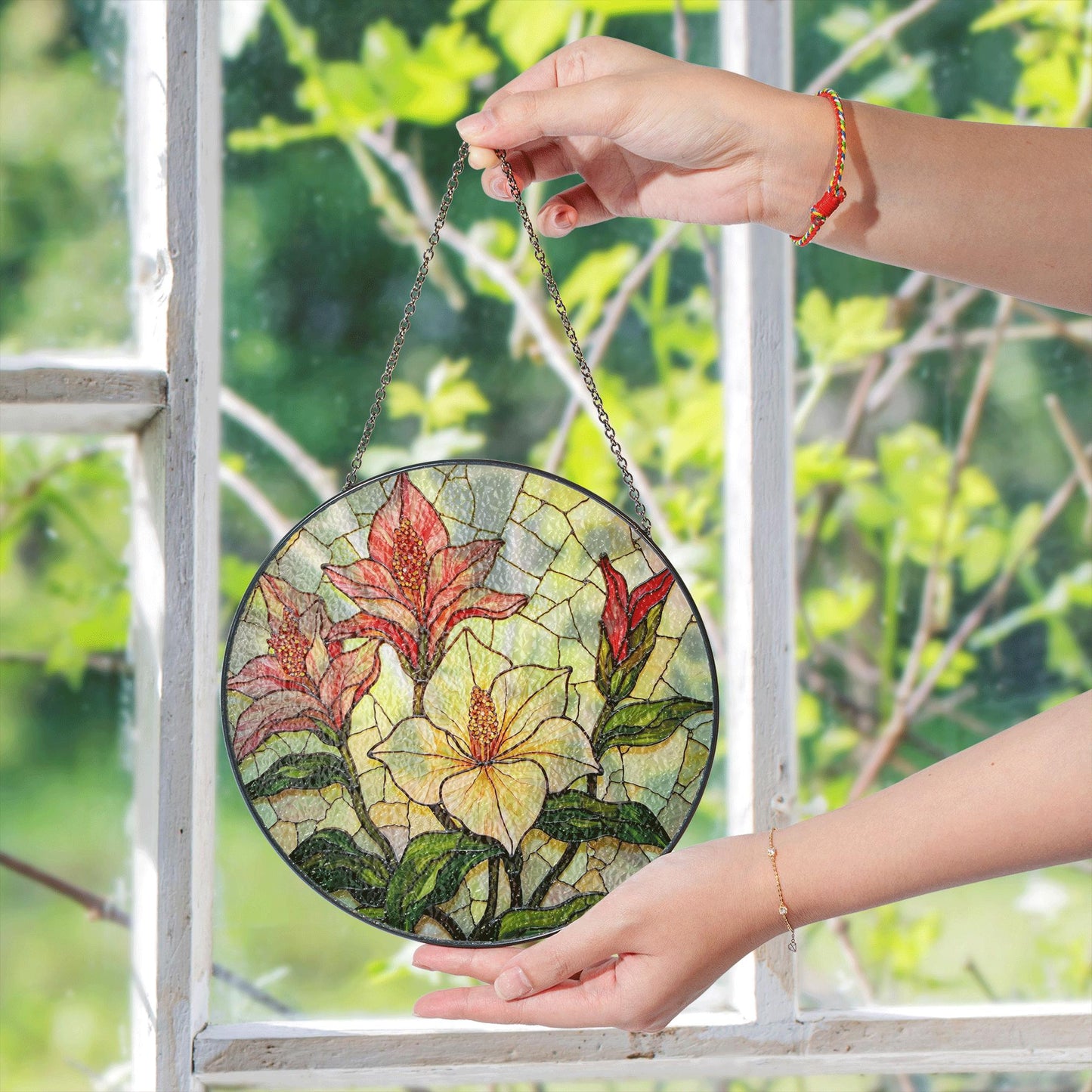 Red lilies and yellow hibiscus floral round stained glass suncatcher gift for garden lovers