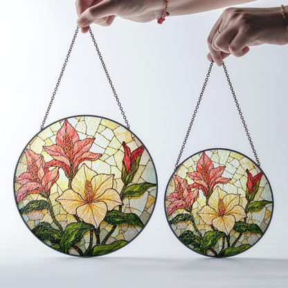 Red lilies and yellow hibiscus floral round stained glass suncatcher gift for garden lovers