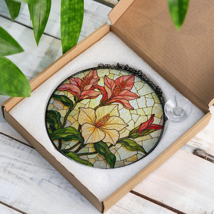 Red lilies and yellow hibiscus floral round stained glass suncatcher gift for garden lovers