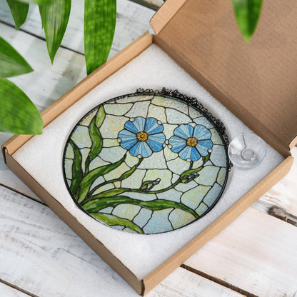 Blue Flower Stained Glass Round Panel Spring Garden Suncatcher Gift for Mom