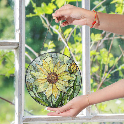 Yellow sunflower stained glass suncatcher with buds hanging window decor gift for garden lovers