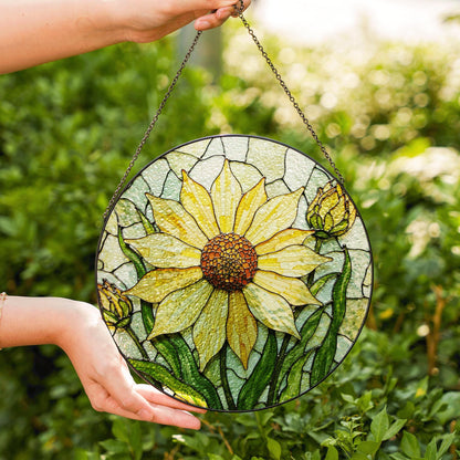 Yellow sunflower stained glass suncatcher with buds hanging window decor gift for garden lovers