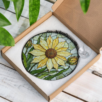 Yellow sunflower stained glass suncatcher with buds hanging window decor gift for garden lovers