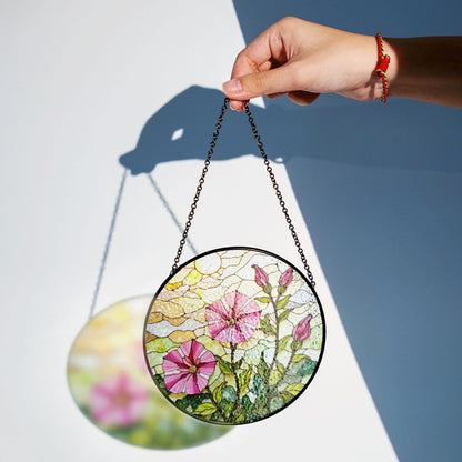 Pink morning glory floral stained glass suncatcher round window decor gift for nature lovers