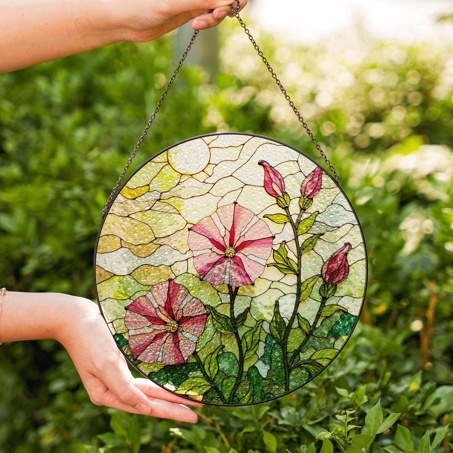 Pink morning glory floral stained glass suncatcher round window decor gift for nature lovers
