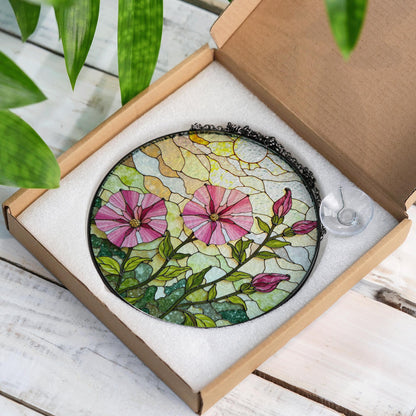 Pink morning glory floral stained glass suncatcher round window decor gift for nature lovers