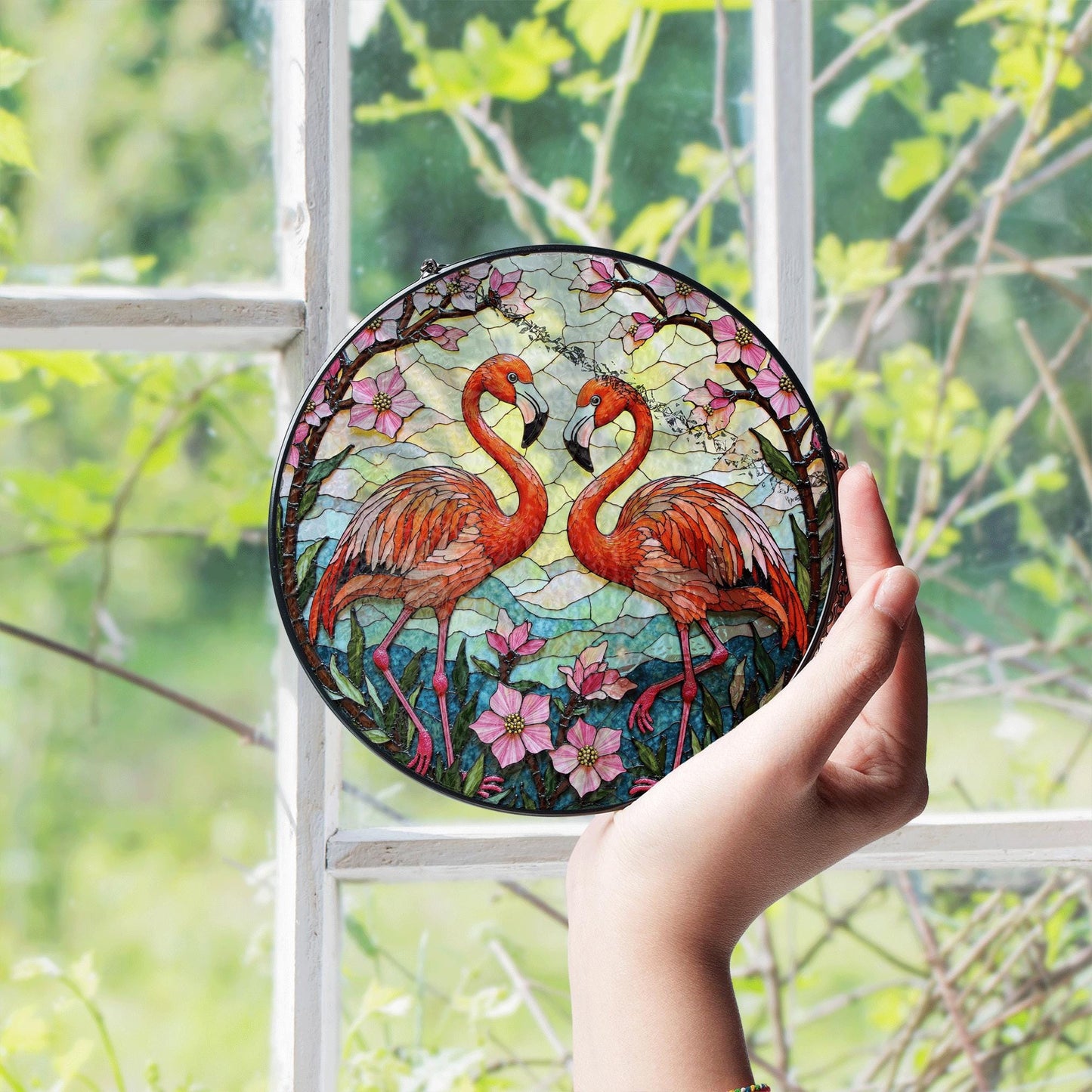 Two flamingos among pink flowers round stained glass suncatcher window decor for her