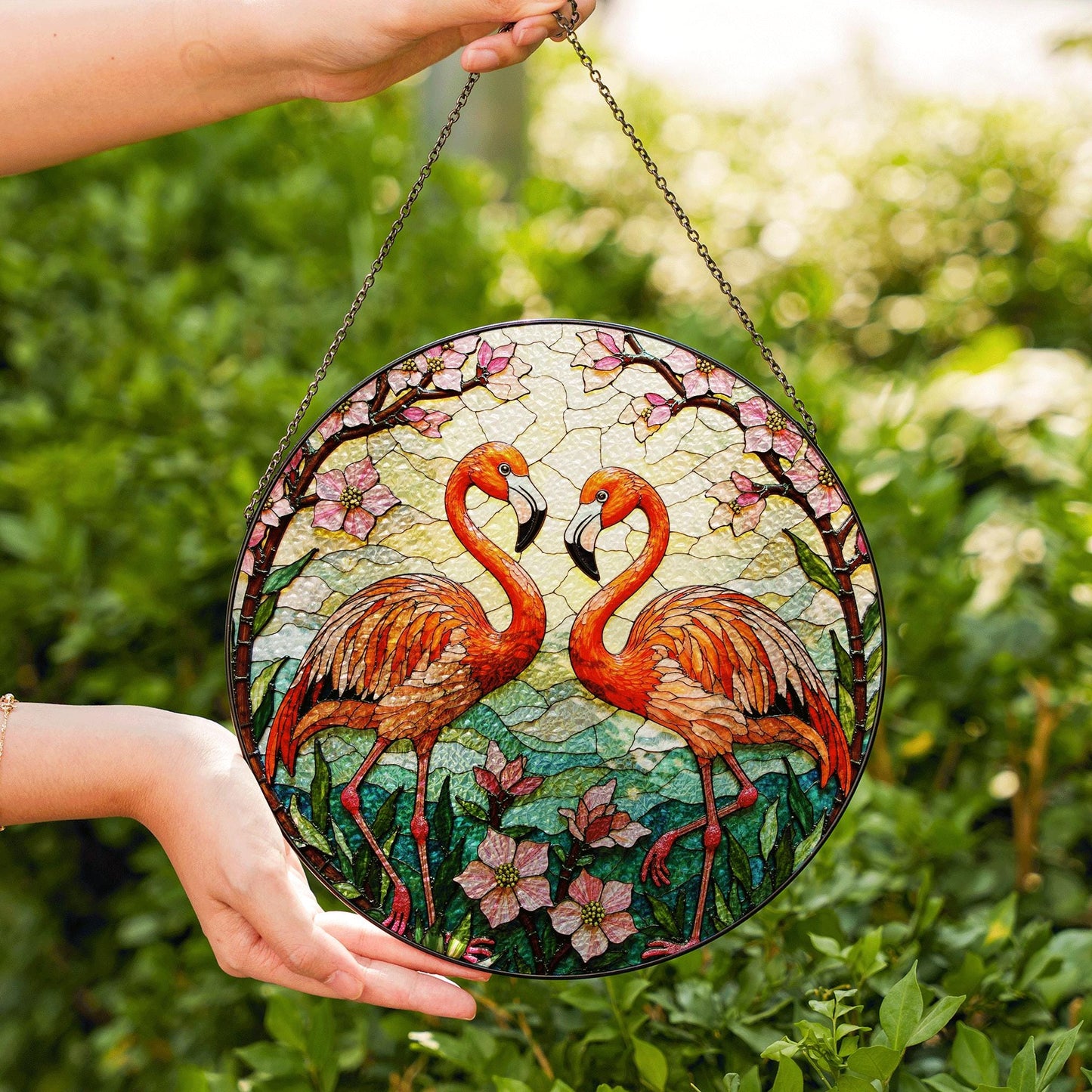 Two flamingos among pink flowers round stained glass suncatcher window decor for her