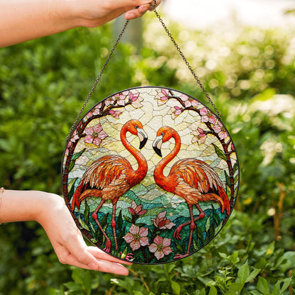 Two flamingos among pink flowers round stained glass suncatcher window decor for her