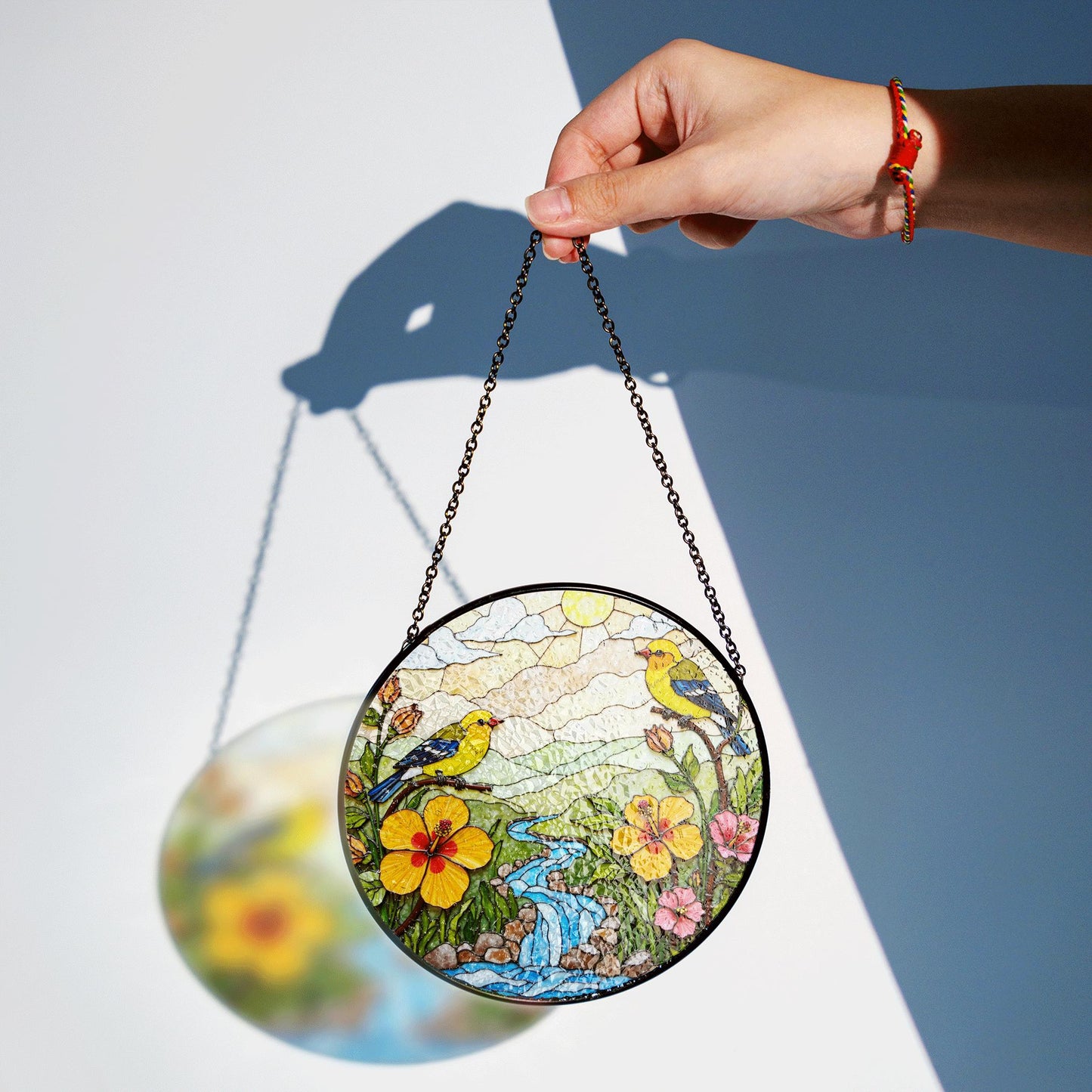 yellow birds flowers creek glass suncatcher round window decor gift for bird lovers