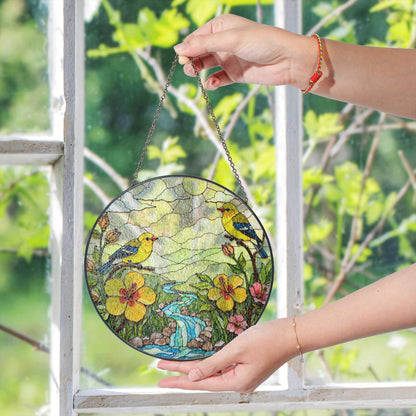 yellow birds flowers creek glass suncatcher round window decor gift for bird lovers