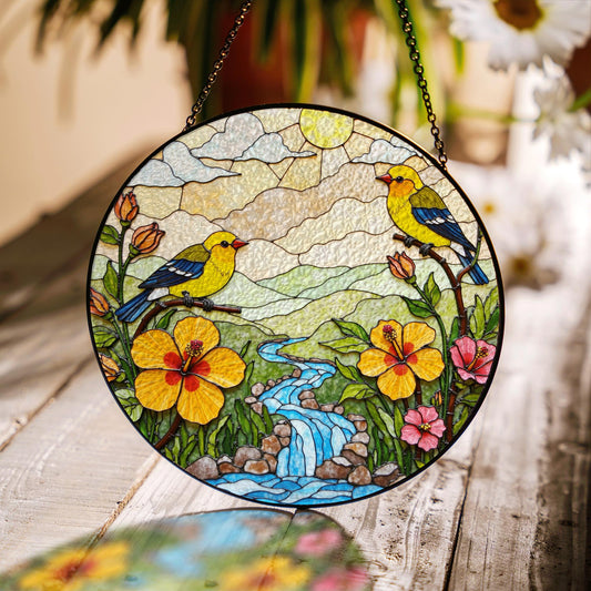 yellow birds flowers creek glass suncatcher round window decor gift for bird lovers