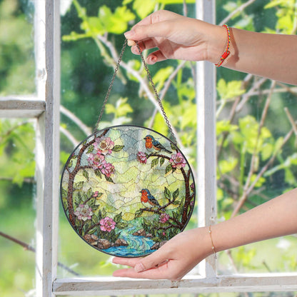 robins on spring branches round stained glass suncatcher gift for bird lover mom