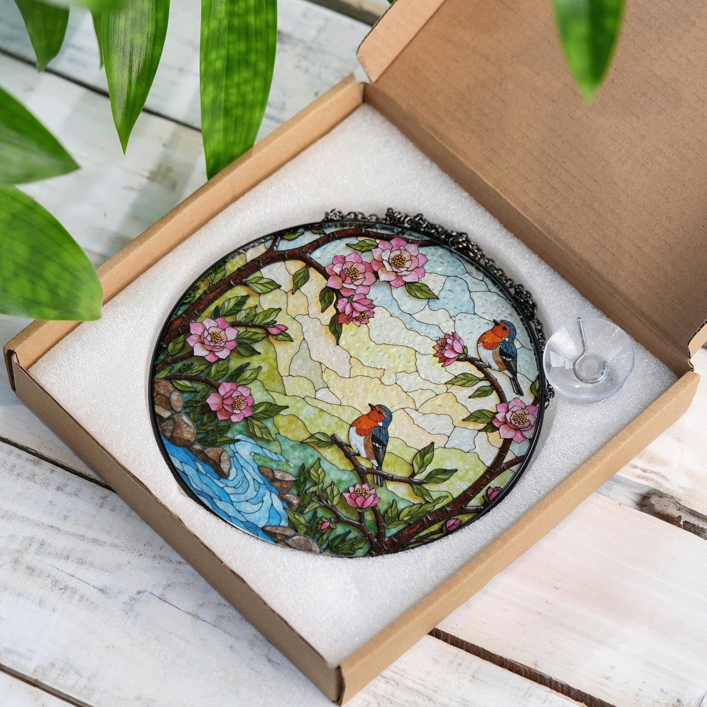 robins on spring branches round stained glass suncatcher gift for bird lover mom
