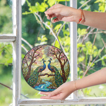 two peacocks on branch stained glass window hanging peacock suncatcher gift for bird lover