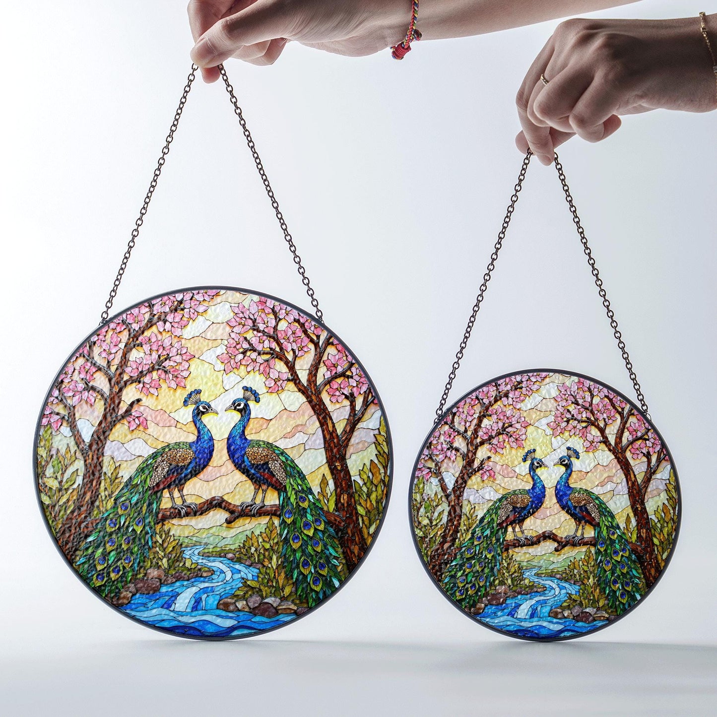 two peacocks on branch stained glass window hanging peacock suncatcher gift for bird lover