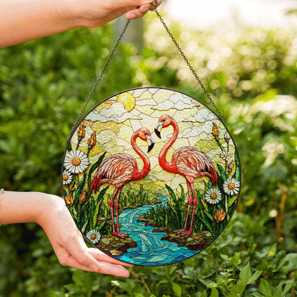 Two flamingos with tropical flowers stained glass suncatcher gift for bird lover