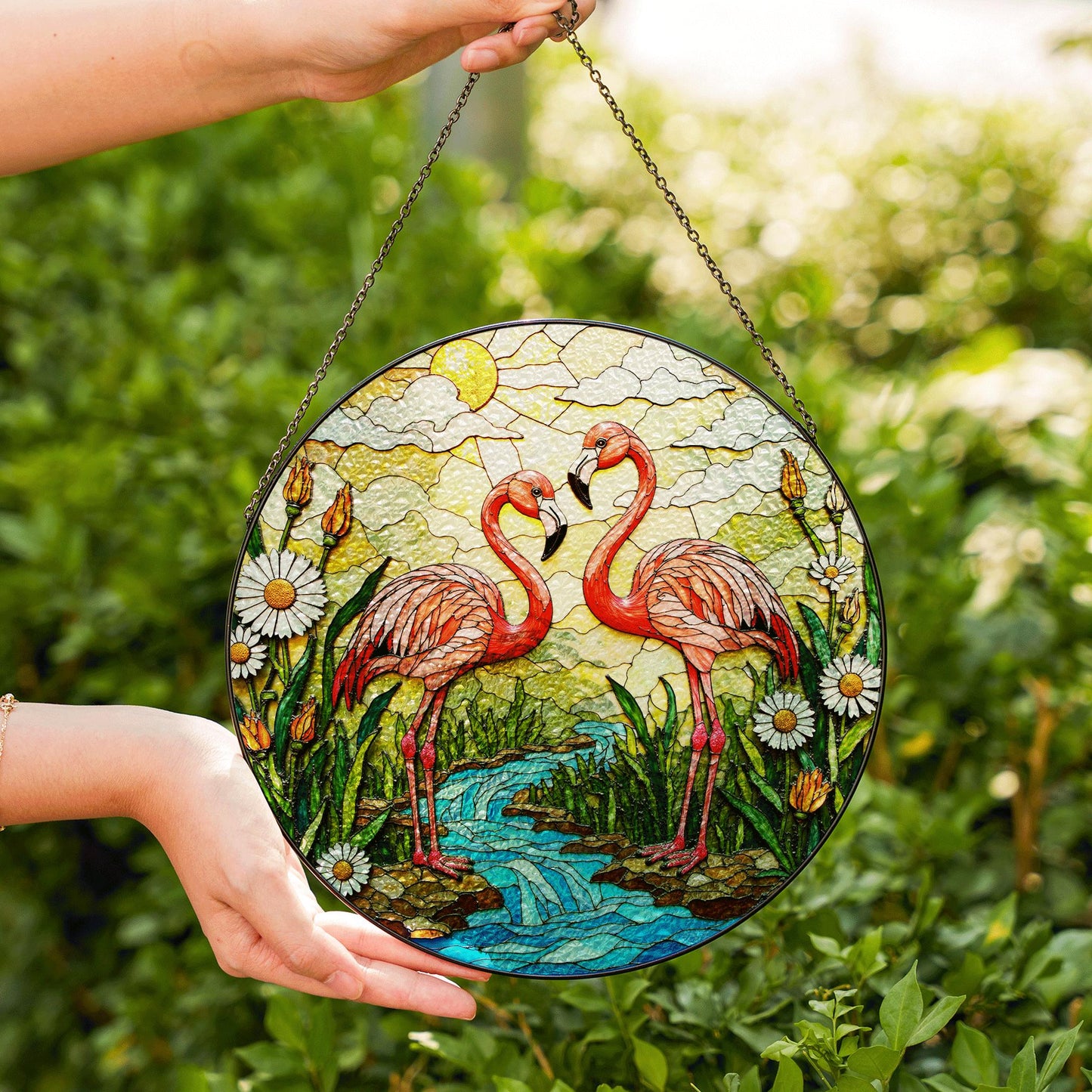 Two flamingos with tropical flowers stained glass suncatcher gift for bird lover