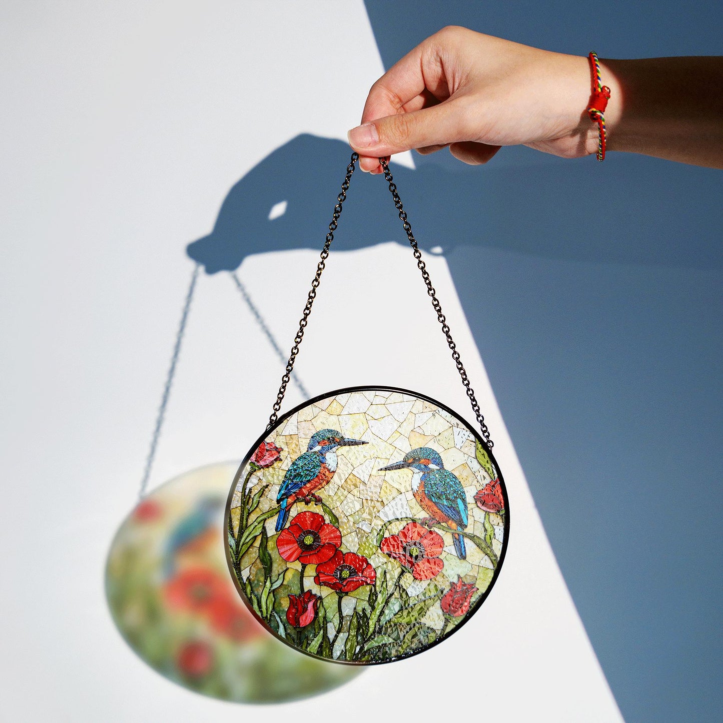 Kingfishers and poppies stained glass suncatcher window decor gift for bird lovers