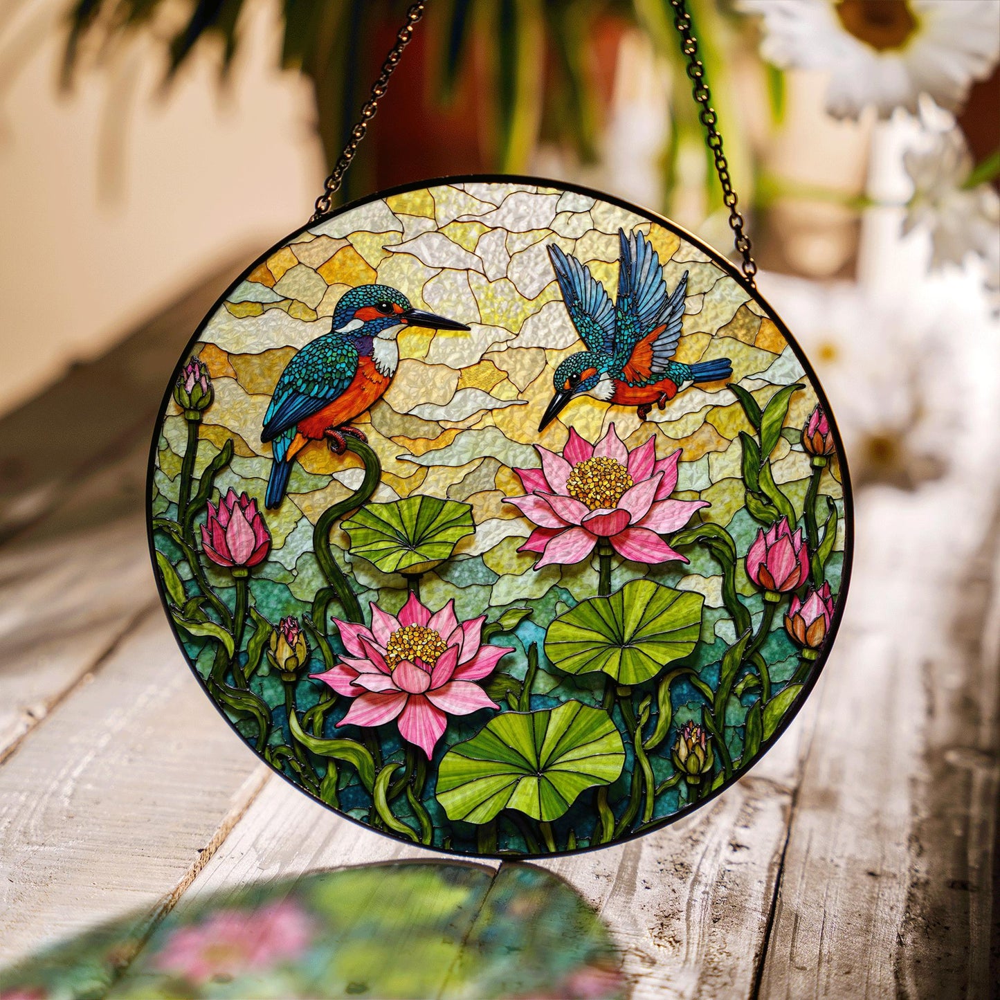kingfishers and lotus floral stained glass suncatcher gift for bird lovers