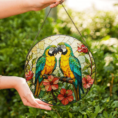 Two parrots on branch stained glass suncatcher window decor gift for bird lovers