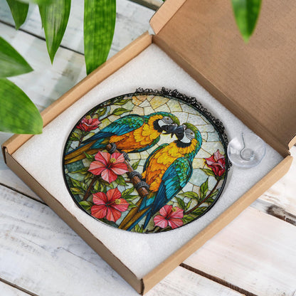 Two parrots on branch stained glass suncatcher window decor gift for bird lovers