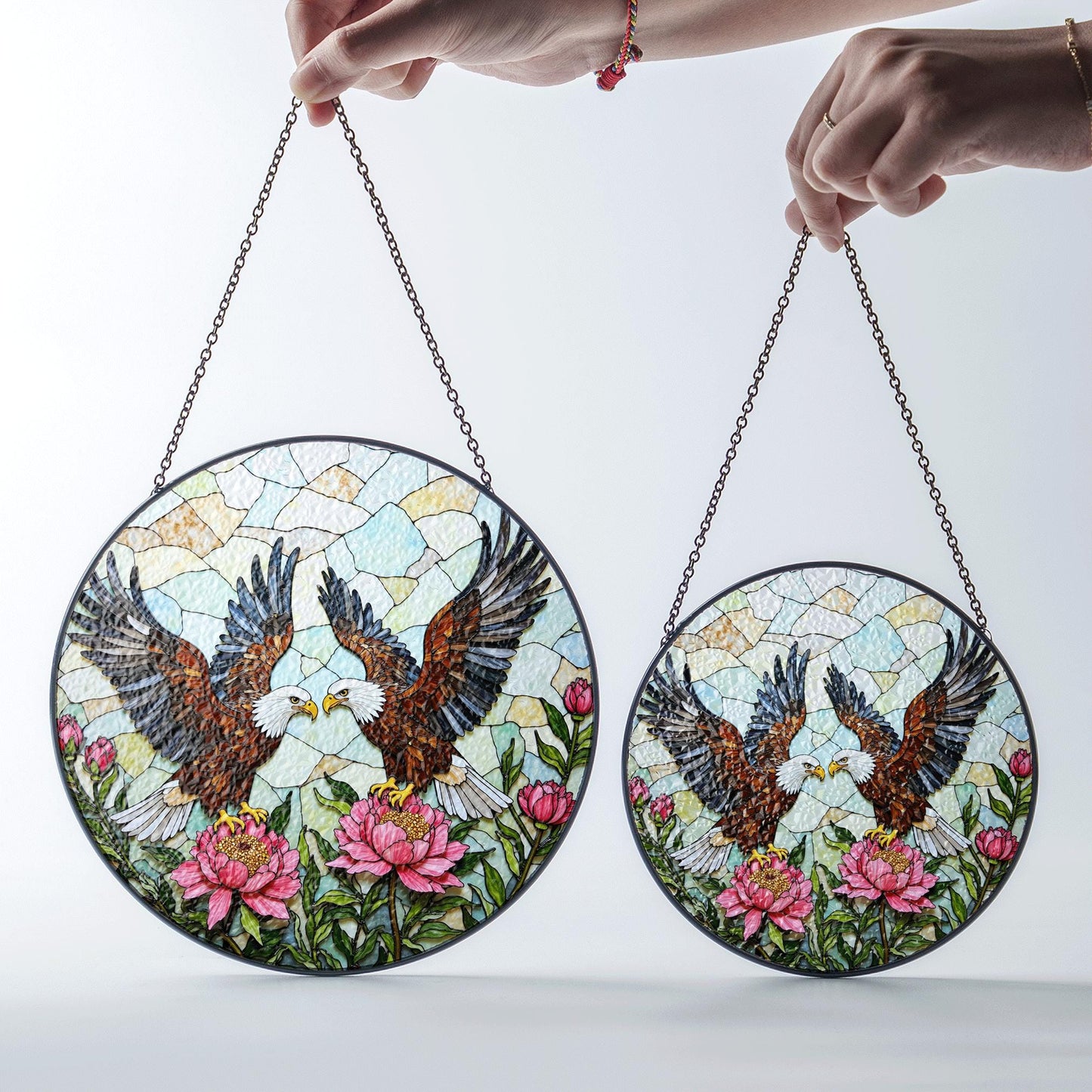 two bald eagles with peonies stained glass window hanging suncatcher gift for dad